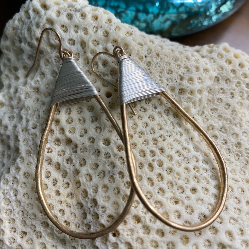 Hammered gold metal teardrop earrings with silver wire